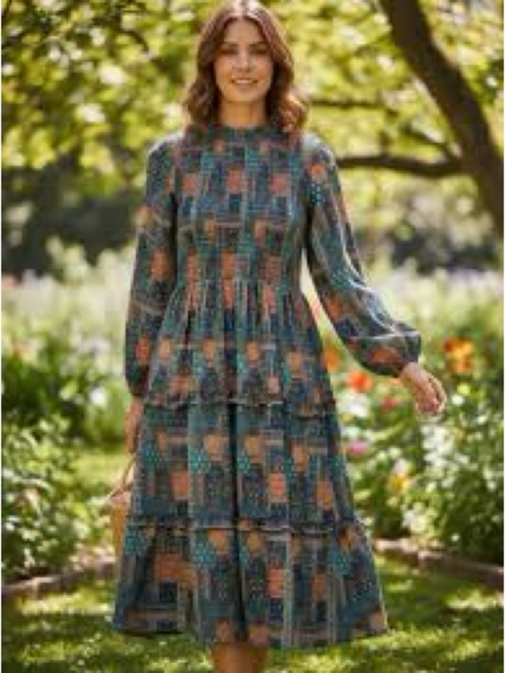 Simply Southern Teal and Rust Avery Floral Tiered Long-Sleeve Boho Midi Dress